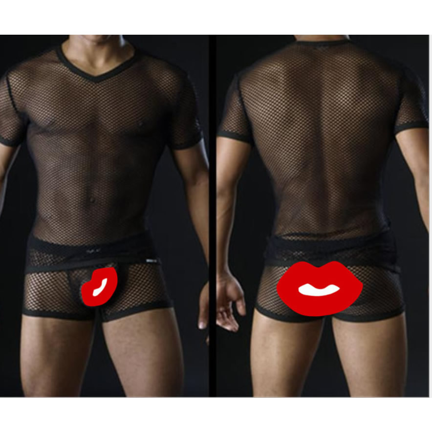 New Design Male Sexy Fishnet Lingerie Transparent Mesh T-shirt 
